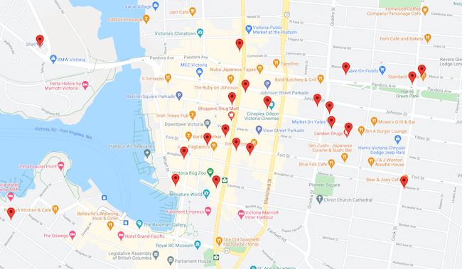 Map with markers showing where to buy bus tickets in Victoria